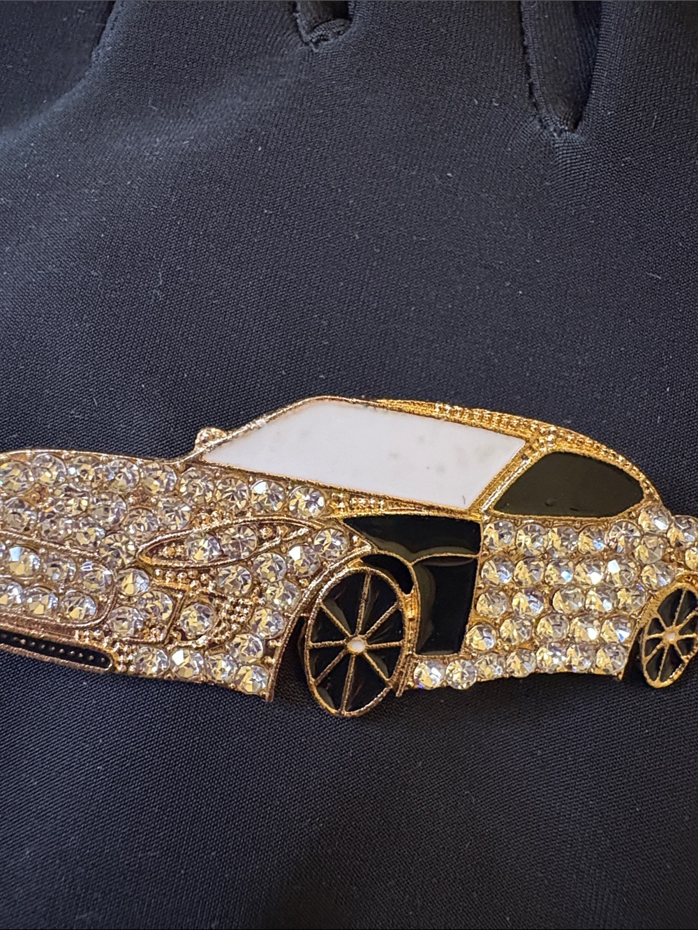 Gold Crystal Car Brooch with Black and White Enamel Accents